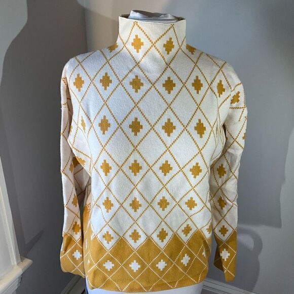 Rachel Zoe Funnel Neck Geometric Sweater, M. Mustard and White. Quality - Picture 6 of 16